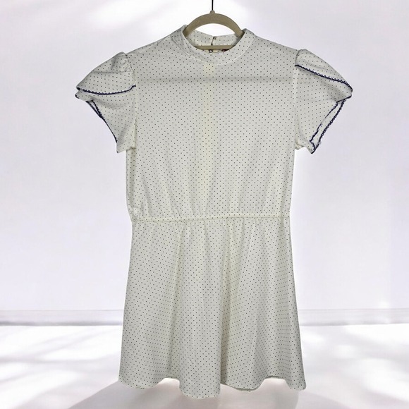 Sally Petite Dresses & Skirts - Vintage White Polka Dot Dress Short Sleeve Mock‎ Neck Elastic Waist Ruffle Trim